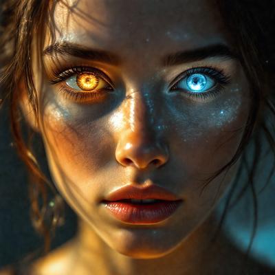 The primary subject of the image is a woman with two different colored eyes, one blue and one yellow. She is looking directly at the camera, and her eyes are the main focus of the image. The setting is a close-up of her face, and the visual style appears to be a digital art or illustration. The colors and mood of the image are vibrant and captivating, with the woman's unique eye coloration adding a striking element to the scene.